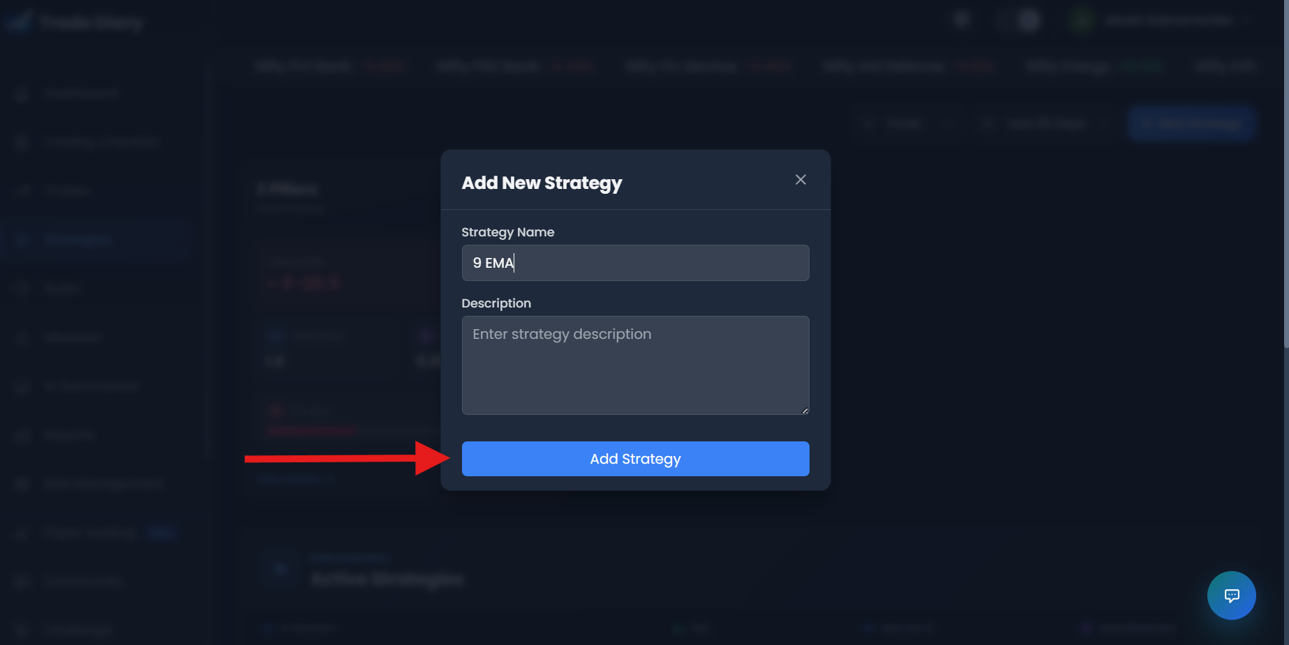 TradeDiary Add New Strategy window showing Strategy Name, Description, and Add Strategy