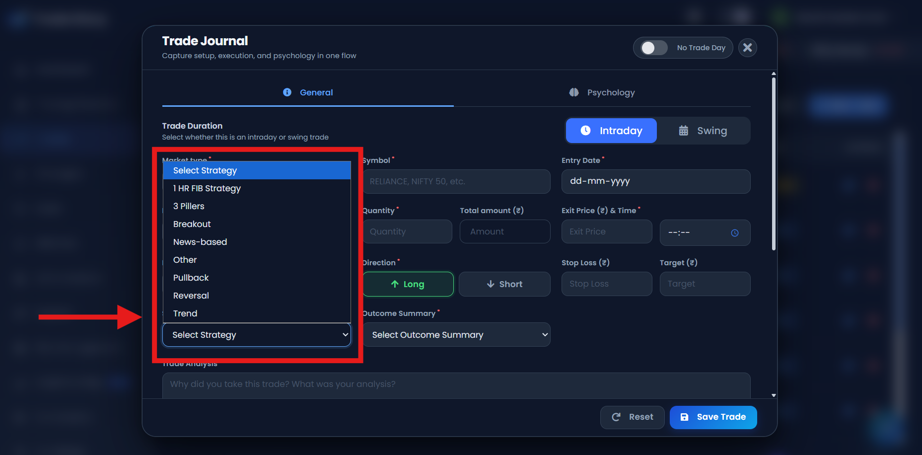 TradeDiary New Trade window with an arrow pointing to the Strategy dropdown