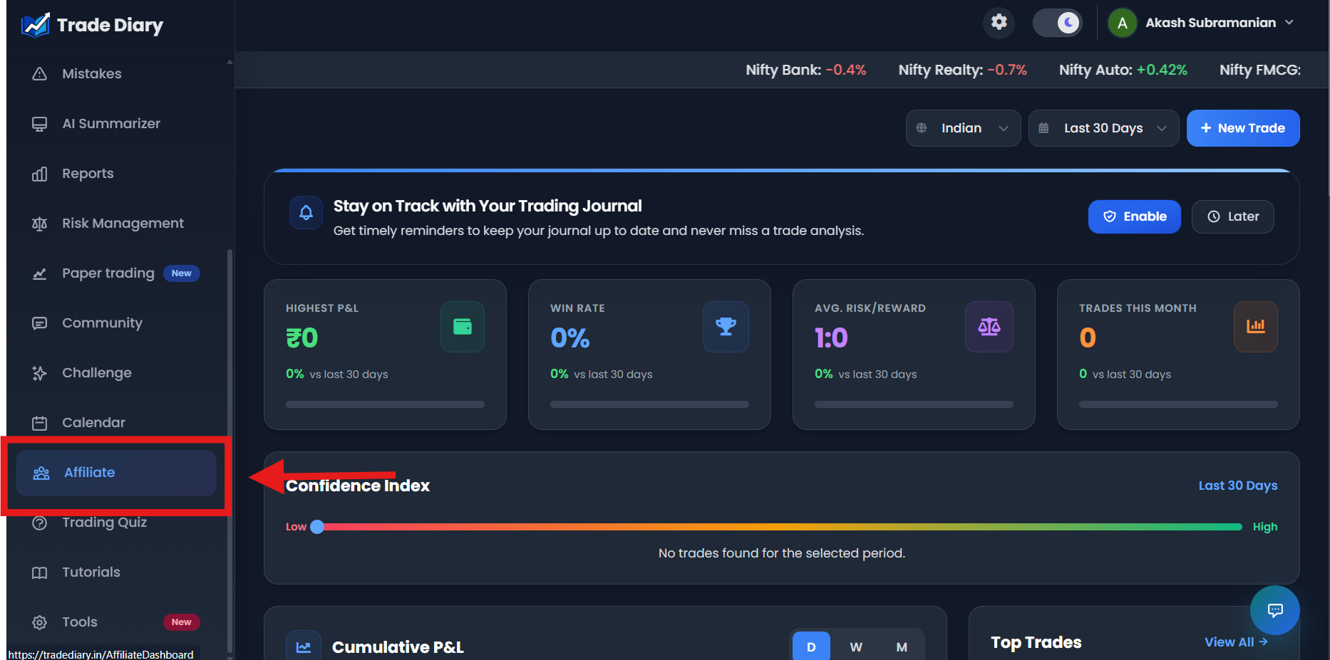 TradeDiary dashboard side navigation with Affiliate highlighted