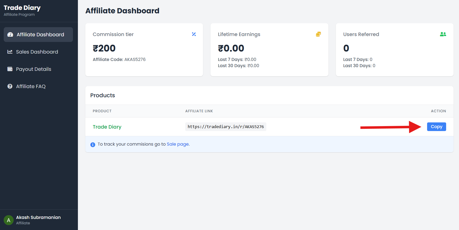 TradeDiary Affiliate Dashboard with the personal referral link and Copy button highlighted