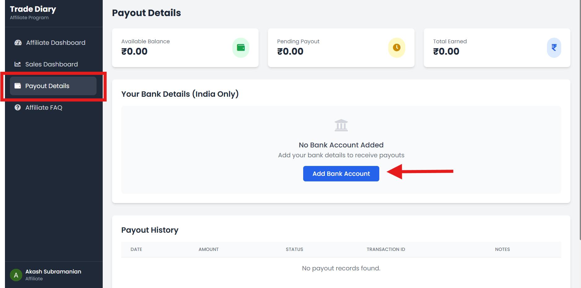TradeDiary Payout Details showing balance, Add Bank Account, and Request Payout controls