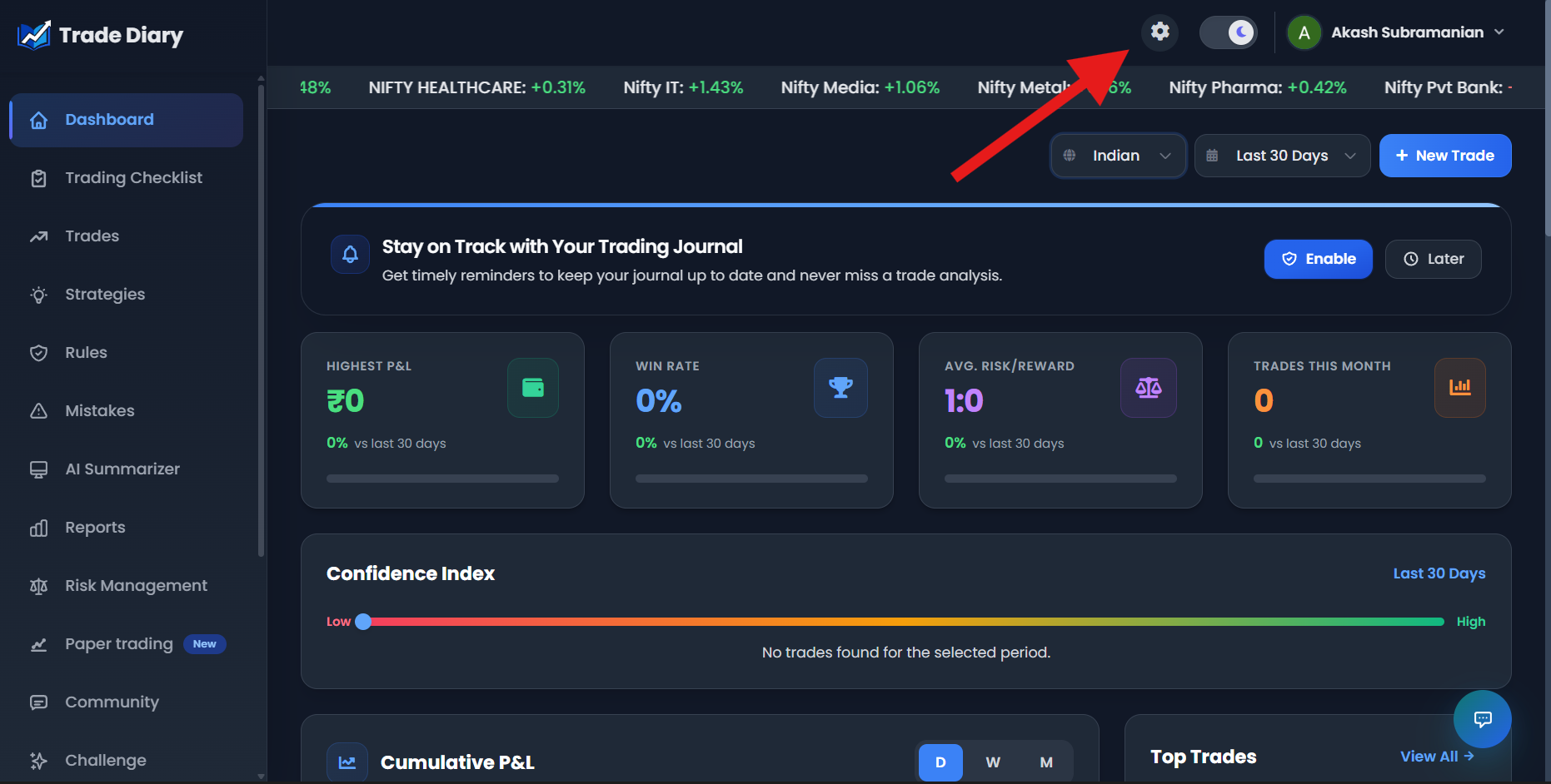 TradeDiary dashboard with an arrow pointing to the settings cog