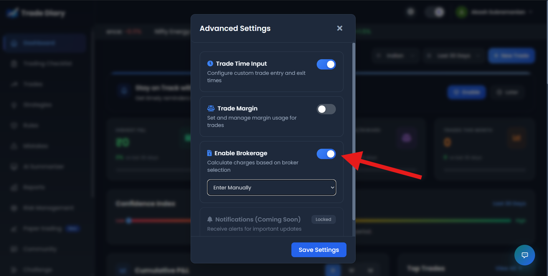 TradeDiary Advanced Settings with Enable Brokerage switched on and the brokerage method visible