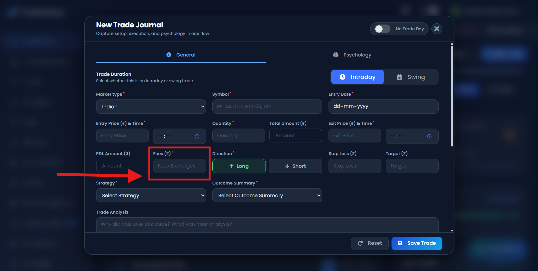 TradeDiary New Trade form showing the Fees field beside P and L Amount and the resulting net profit