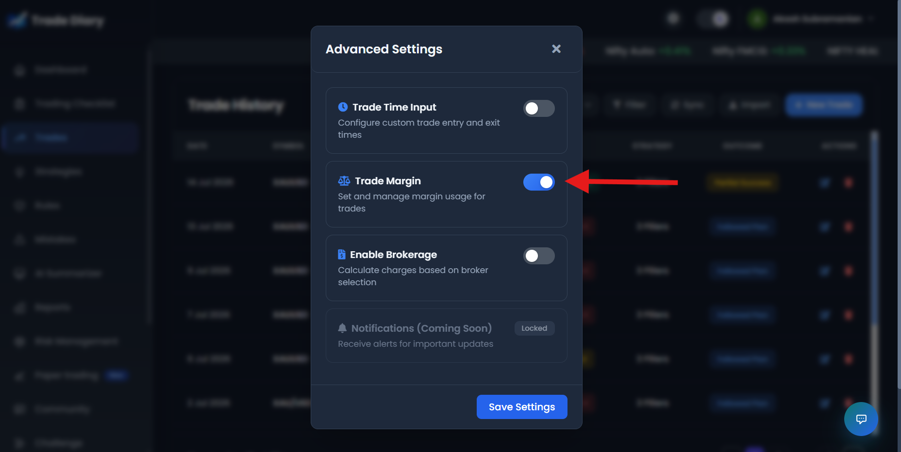 TradeDiary Advanced Settings with Trade Margin switched on and Save Settings highlighted