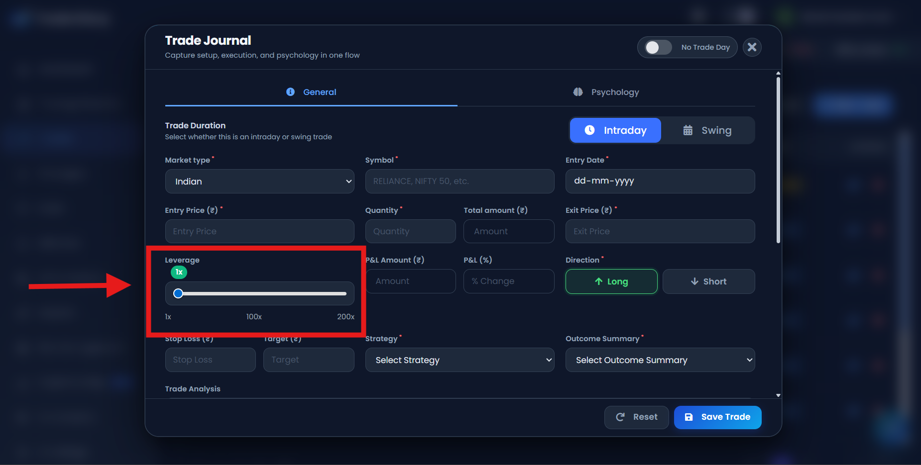 TradeDiary New Trade form showing the Leverage slider and selected multiplier