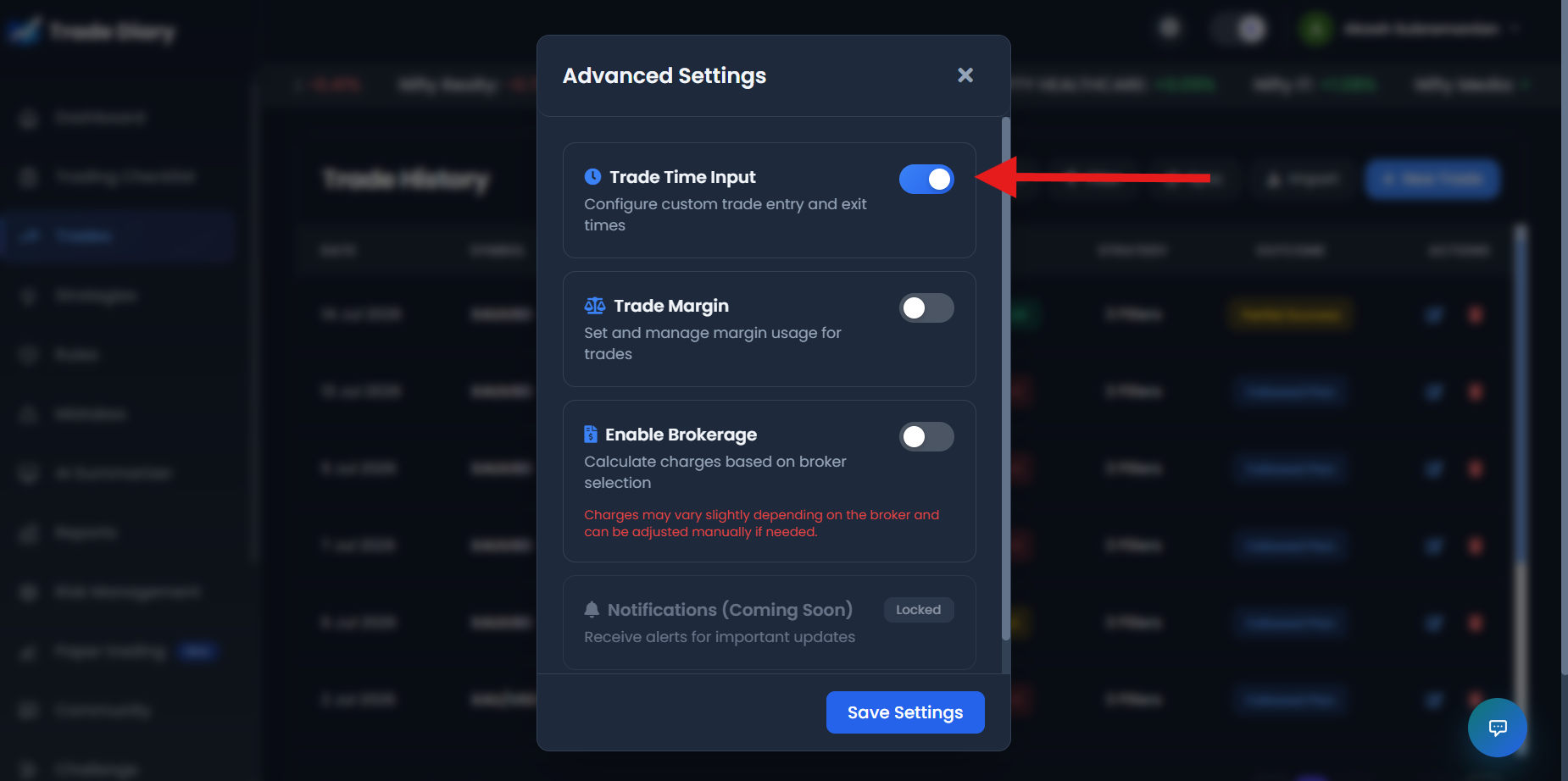TradeDiary Advanced Settings with Trade Time Input switched on and Save Settings highlighted