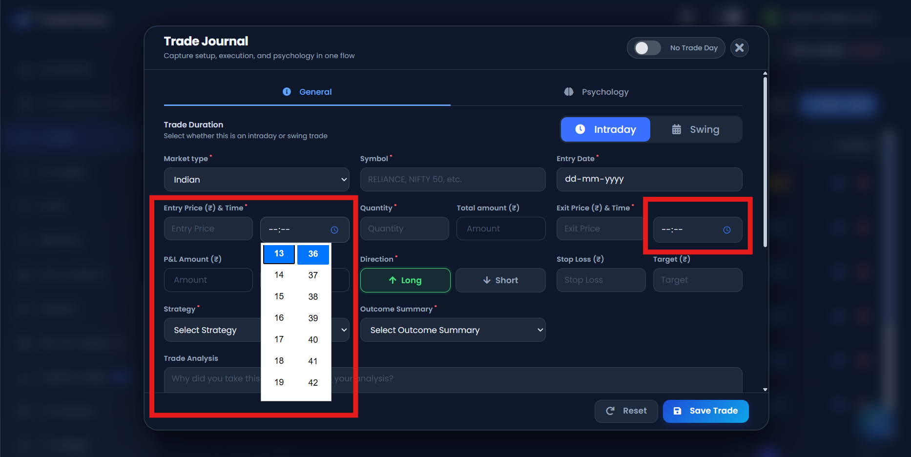 TradeDiary New Trade form showing Entry Time and Exit Time beside the price fields