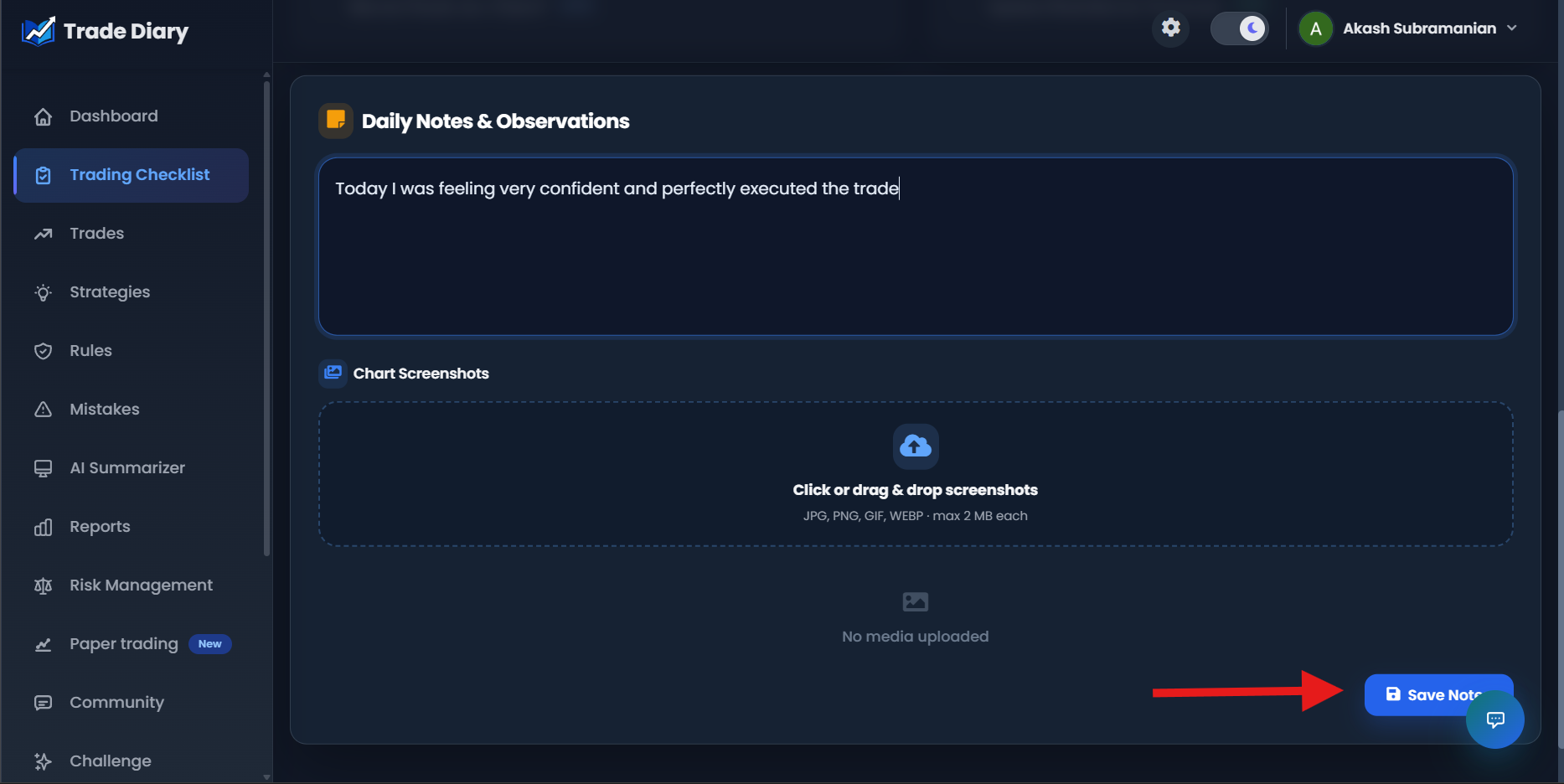 TradeDiary Daily Notes and Observations with chart screenshot upload and Save Notes button