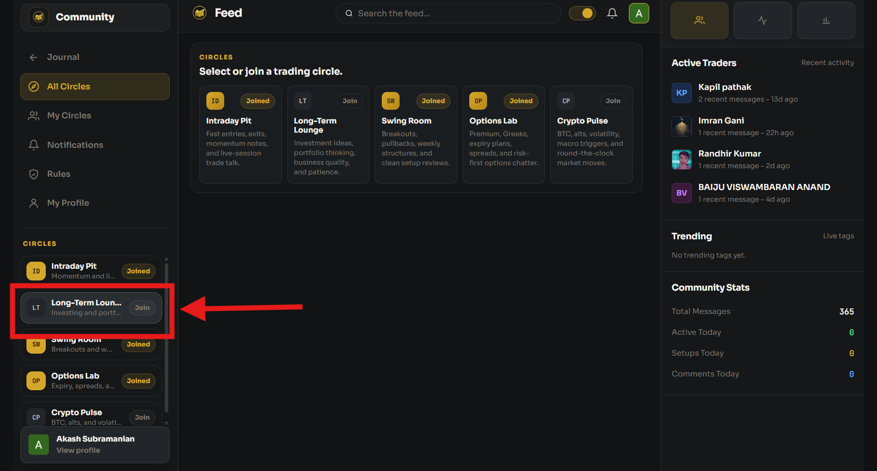 TradeDiary Community showing a circle card and Join Circle confirmation
