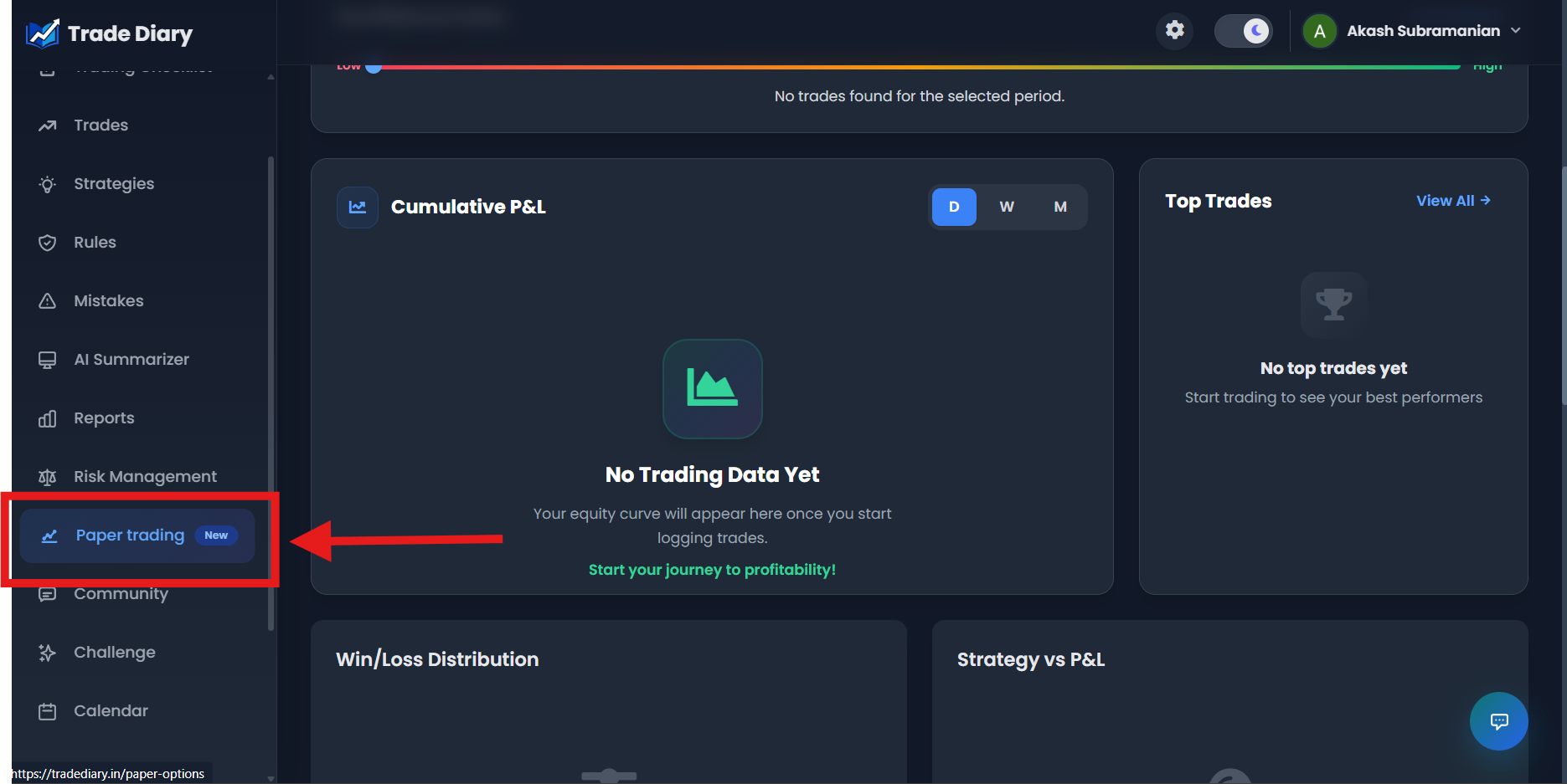 TradeDiary dashboard side navigation with Paper trading highlighted