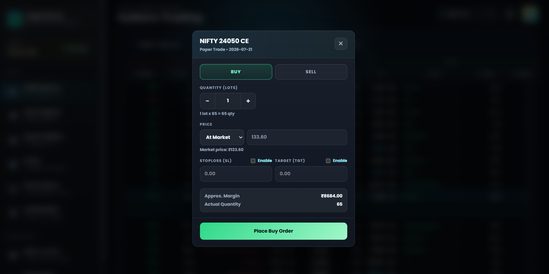 PaperDesk paper-order window with direction, lots, price, stop-loss, target, margin, and Place Order